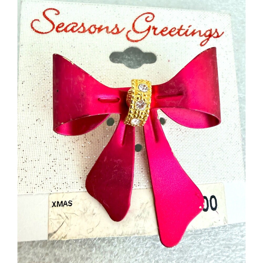 Vintage Christmas Red Bow Brooch Rhinestone Gold Tone Accent NWT